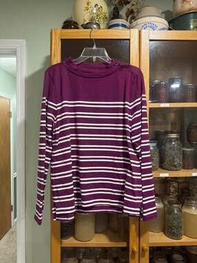 Talbots Purple and White Striped Button-Detail Mockneck Top Size L